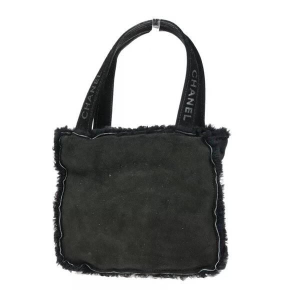 CHANEL CC Logo Hand Bag Suede Shearling Fur Black GHW France Vintage 34RK057